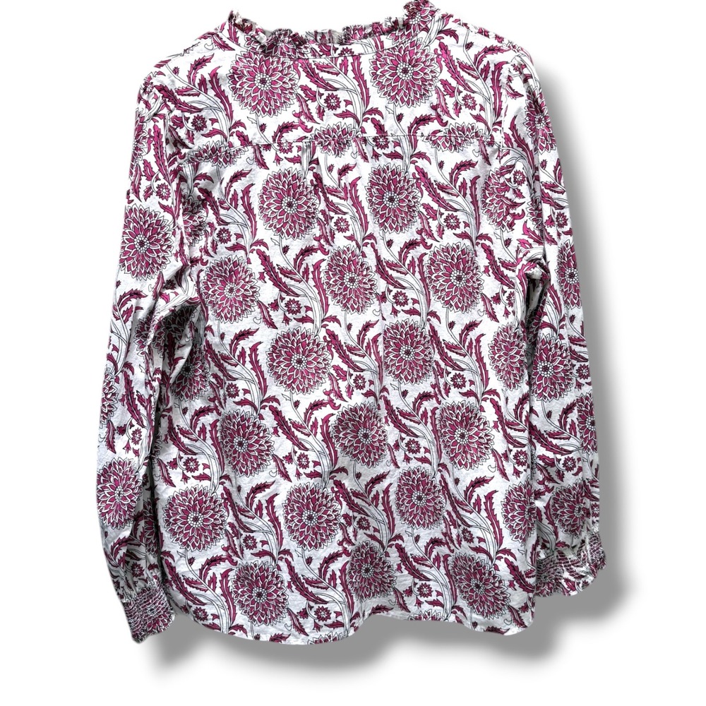 Talbots XL Pink White Dahlia Cotton Ruffle Neck Smocked Cuff Button Front Blouse - Picture 4 of 7